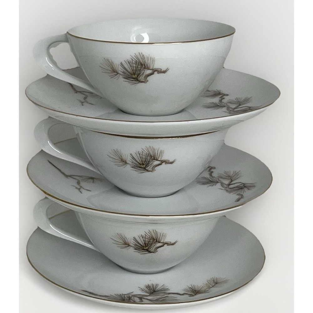 Vintage Sango Larchmont Cup Saucer Set 3 Japan Gold Trim Pine Branch Mid Century